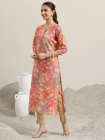 Peach Printed Silk Blend Straight Kurta - Image 2