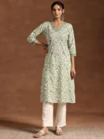 Green Printed Cotton Straight Kurta - Image 4