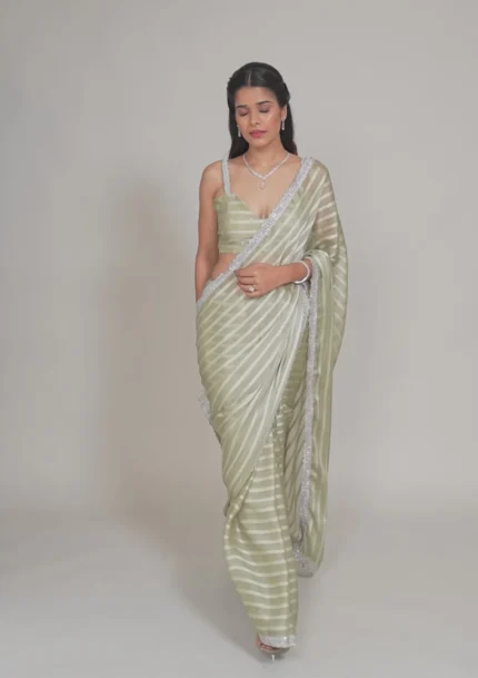 Pista Green Stonework Semi Crepe Saree