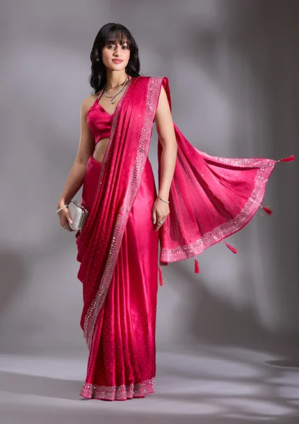 Rani Pink Silver Stonework Satin Saree